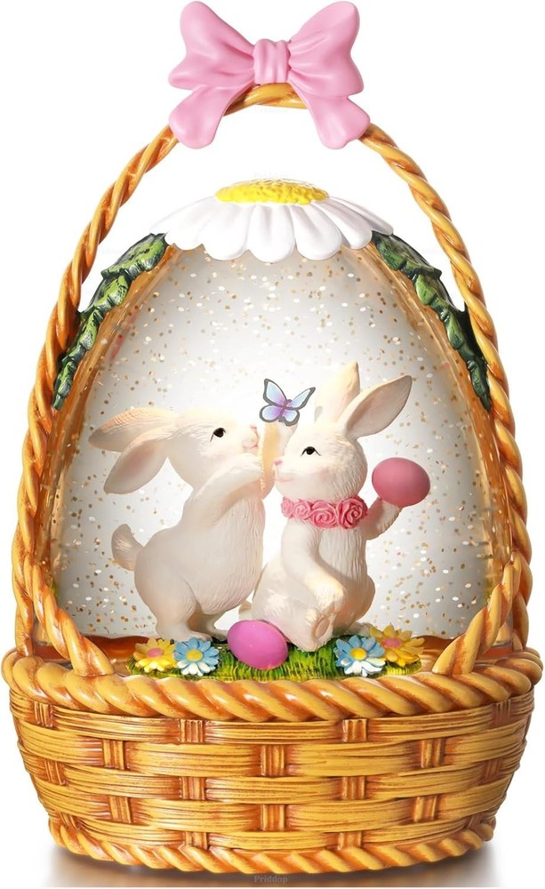 Easter Snow Globe Lantern Easter Decorations for Home with Timer Swirling Gli...