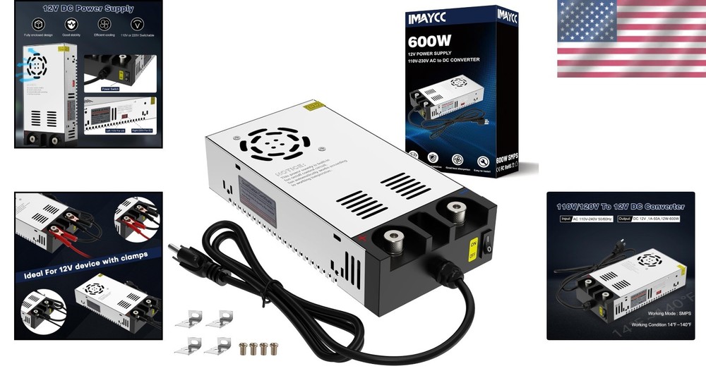 Versatile 600W AC to DC Converter, 110V/220V Input, 12V Adjustable Output