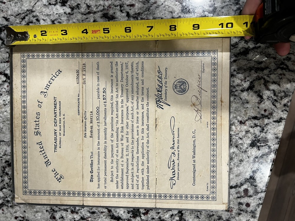 1918 War Risk Insurance Document Paper Ephemera