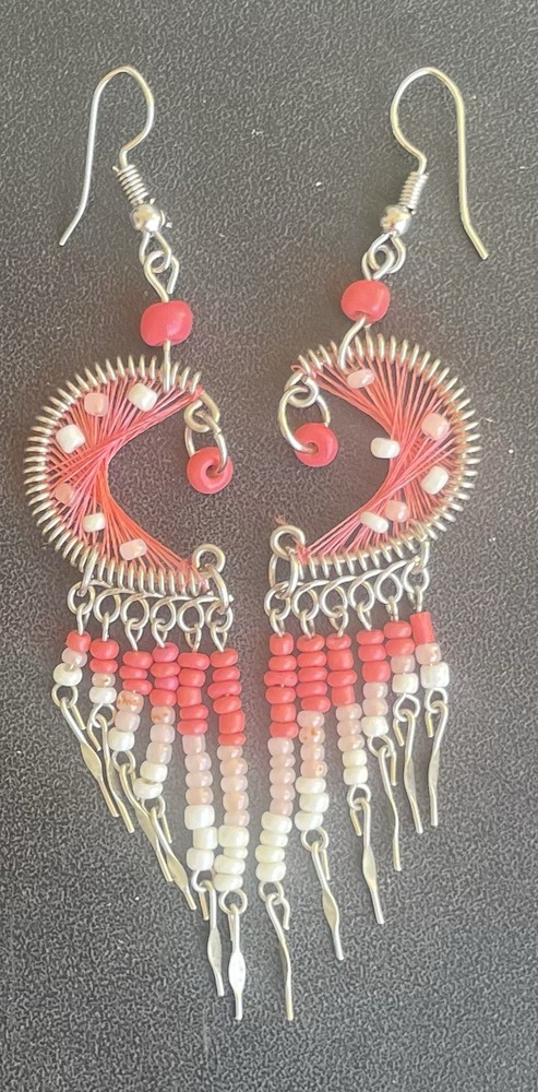 Crescent Salmon Pink Earrings Silk Thread Seed Bead Dangle Boho Peruvian Ethnic