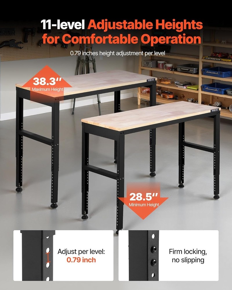 Durable 2000 lbs Capacity Adjustable Workbench - 48x20 Inch with Power Solutions