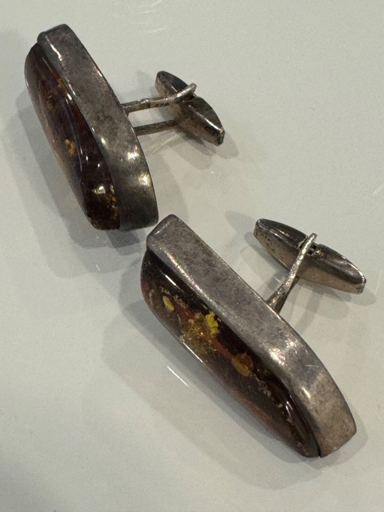 Amber and sterling silver midcentury cufflinks