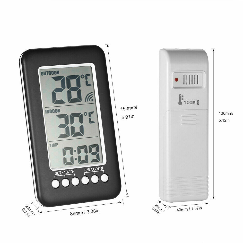 Wireless Digital Thermometer Indoor Outdoor LCD Clock Temperature Transmitter US