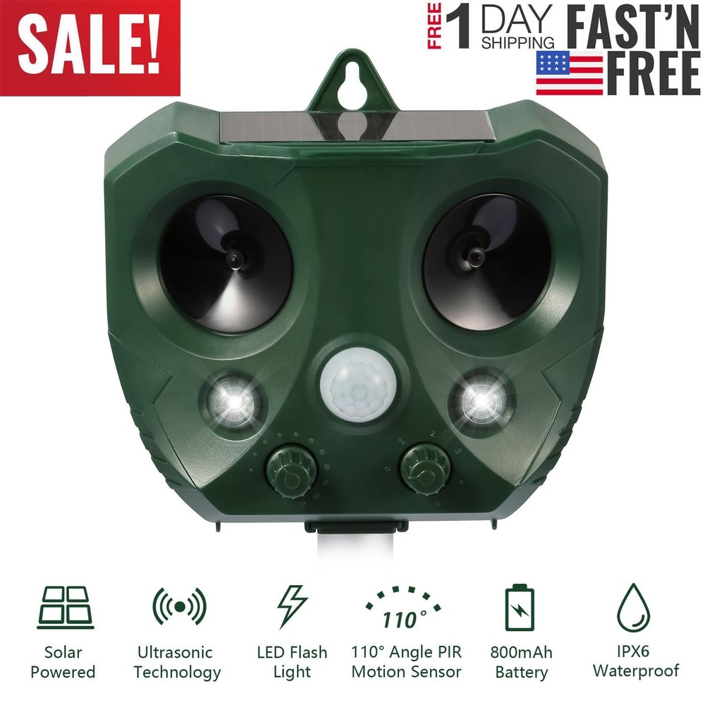 Ultrasonic Animal Repeller Solar Powered Repellent w/ Motion Sensor LED Flashing
