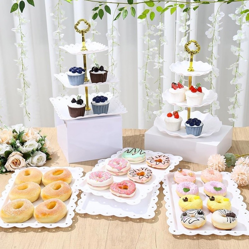 Tiered Serving Tray Set Rectangular Cake Display Stand Parties Events Desserts