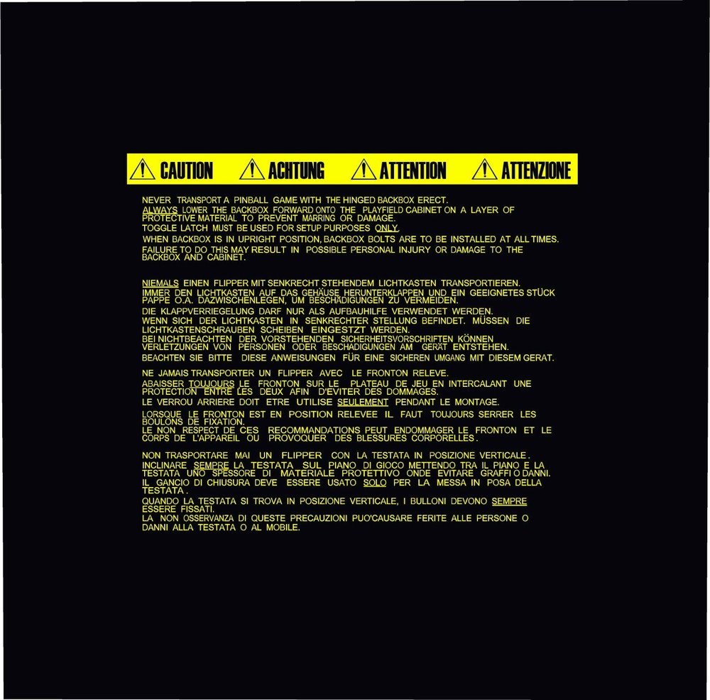 Williams WHITE WATER Pinball Machine BACKBOX Warning Text Decal