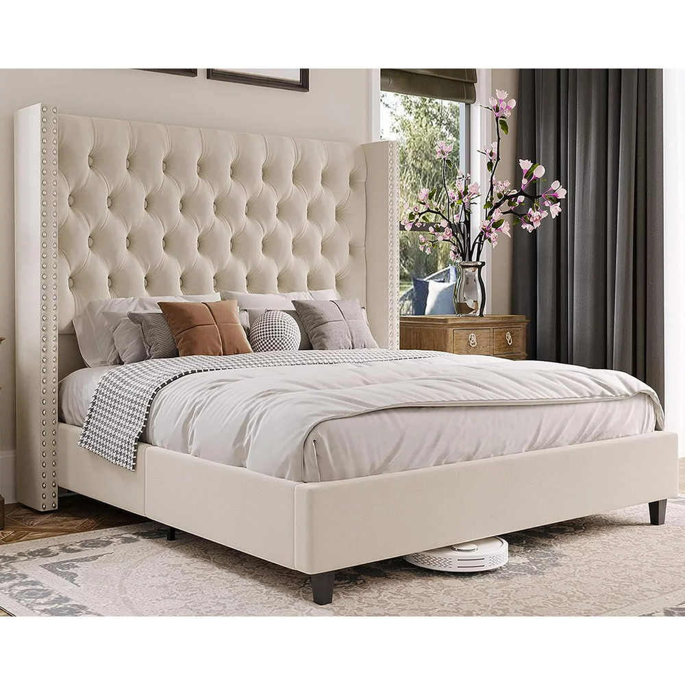 California Kin Bed Frame Upholstered Bed Headboard Velvet Tufted Deep Button