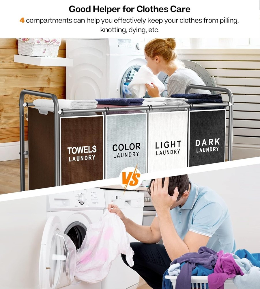 ROMOON Laundry Hamper Sorter Cart: 4-Section Organizer