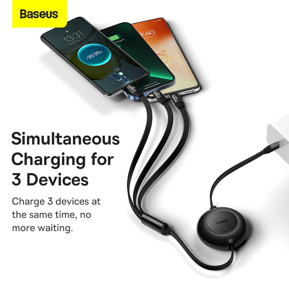 Baseus Retractable 3in1 USB-C Fast Charging Cable Line For iPhone Micro USB-C