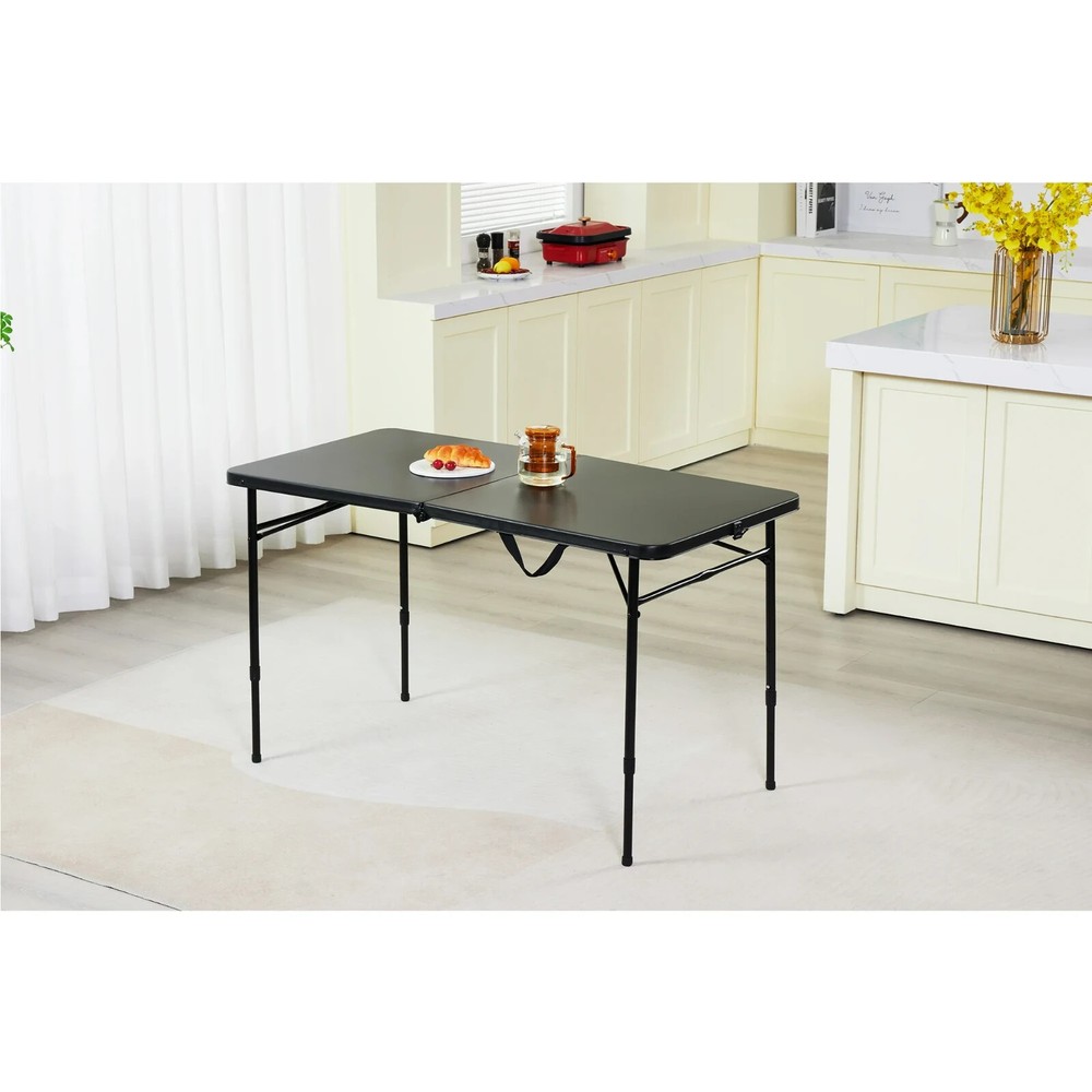 Mainstays 4 Foot Fold-in-Half Adjustable Folding Table, Rich Black, New.
