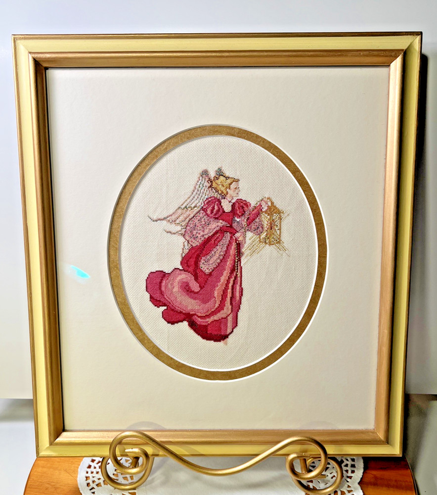 Completed Needlework VNTG. Framed Cross Stitch ANGEL Pink Spring Easter Sparkly!