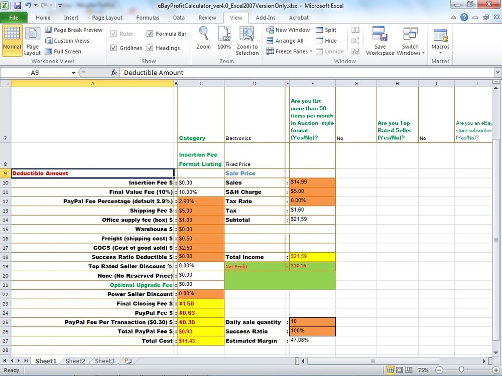 eBay PayPal Fee Profit Calculator Selling Tool Excel