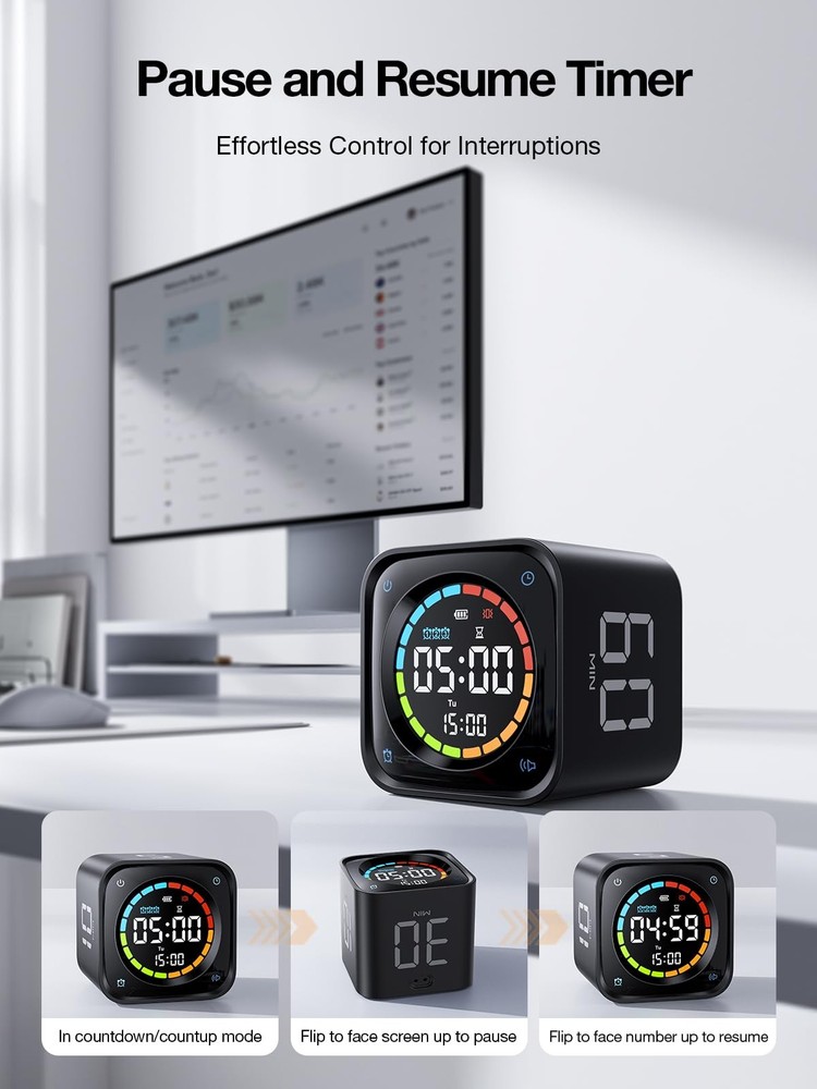 TK3 Pomodoro Timer Cube, Productivity Timer, 5/10/30/60 Min Presets, Custom C...