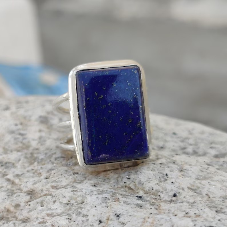 Solid 925 Sterling Silver Natural Lapis Lazuli Square Gemstone Triple Band Ring