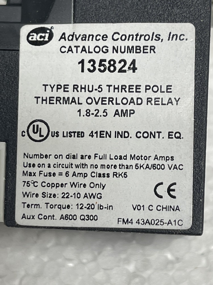 Advance Controls THERMAL OVERLOAD RELAY 133385 120 VAC 1.8-2.5 AMP