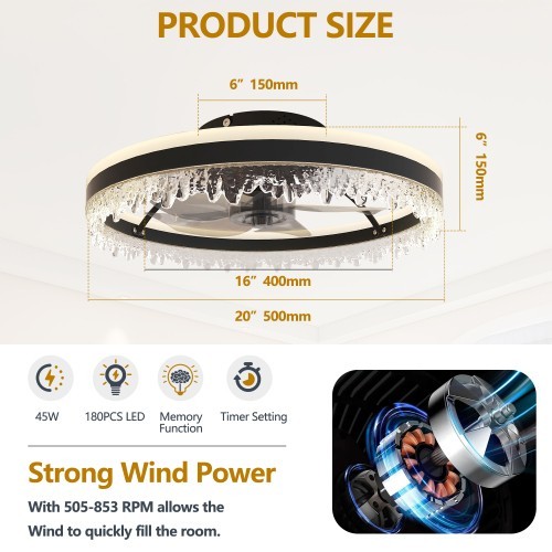 Ceiling fan 20-inch black smart ceiling fan light with silent function
