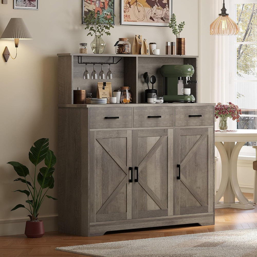 Farmhouse Buffet Sideboard with Microwave Stand & Barn Doors, Grey