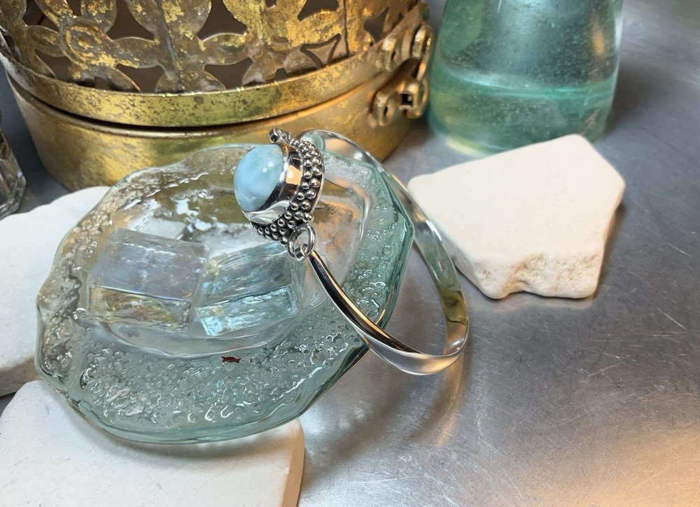 Genuine 925 Sterling Silver Larimar Gemstone Solid Clasp Bangle
