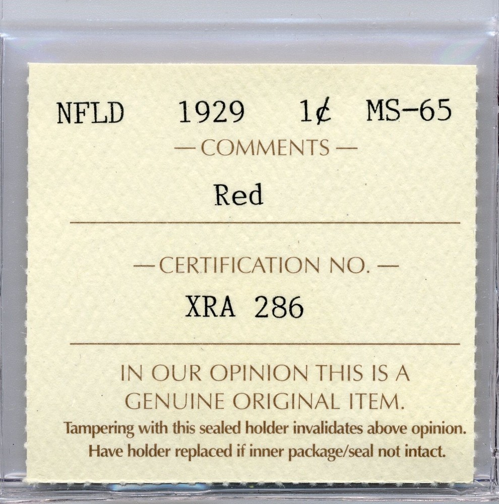 1929 Newfoundland 1 Cent, Red - GEM Uncirculated, ICCS MS65