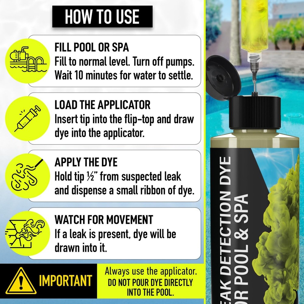 Pool Leak Detection Dye Kit 8 OZ Fluorescent Yellow 2 Precision Applicators