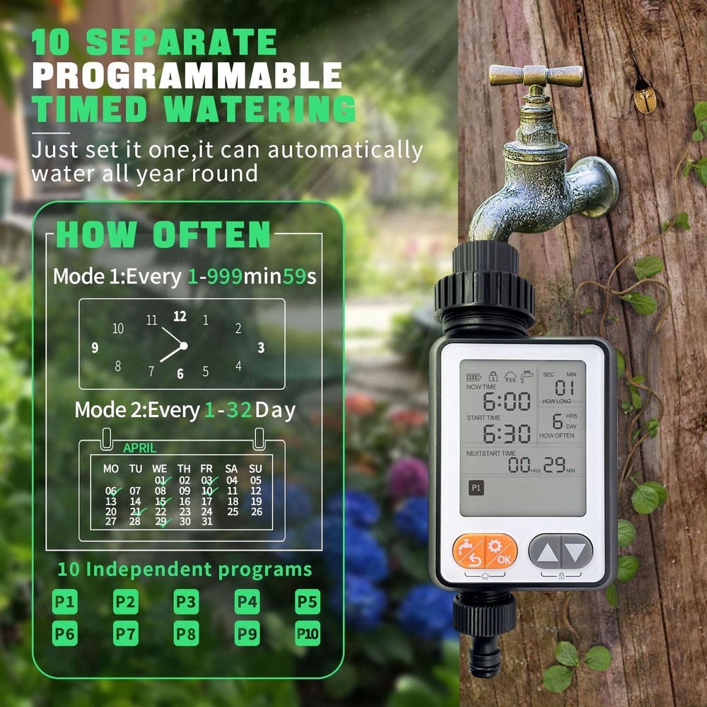 10Program Hose Sprinkler Timer, IP54 Waterproof, Auto Rain Delay, 3.3in LCD