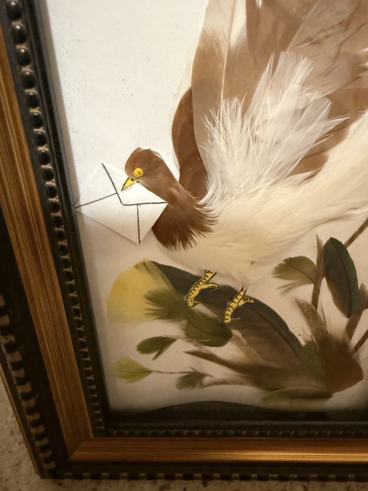 Bird Carrying A Letter Made with Feathers Framed Artwork Decor Creative Unique