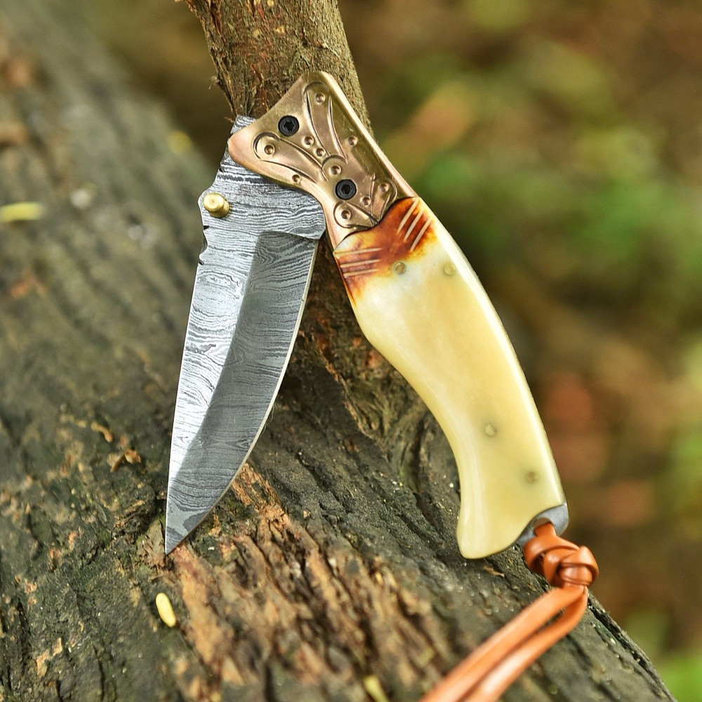 Damascus Folding Blade Pocket Knife Case -Original Camel Bone Handle