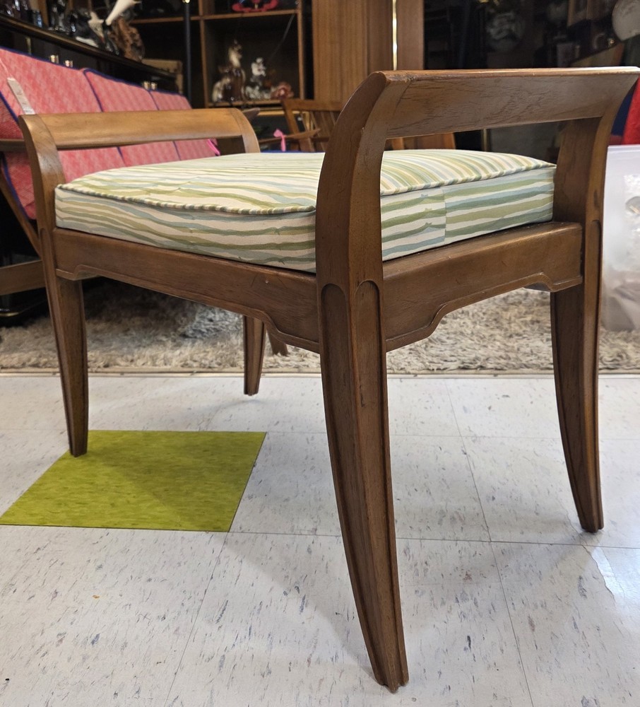 Vintage 1950s walnut bench, professionally upholstered.