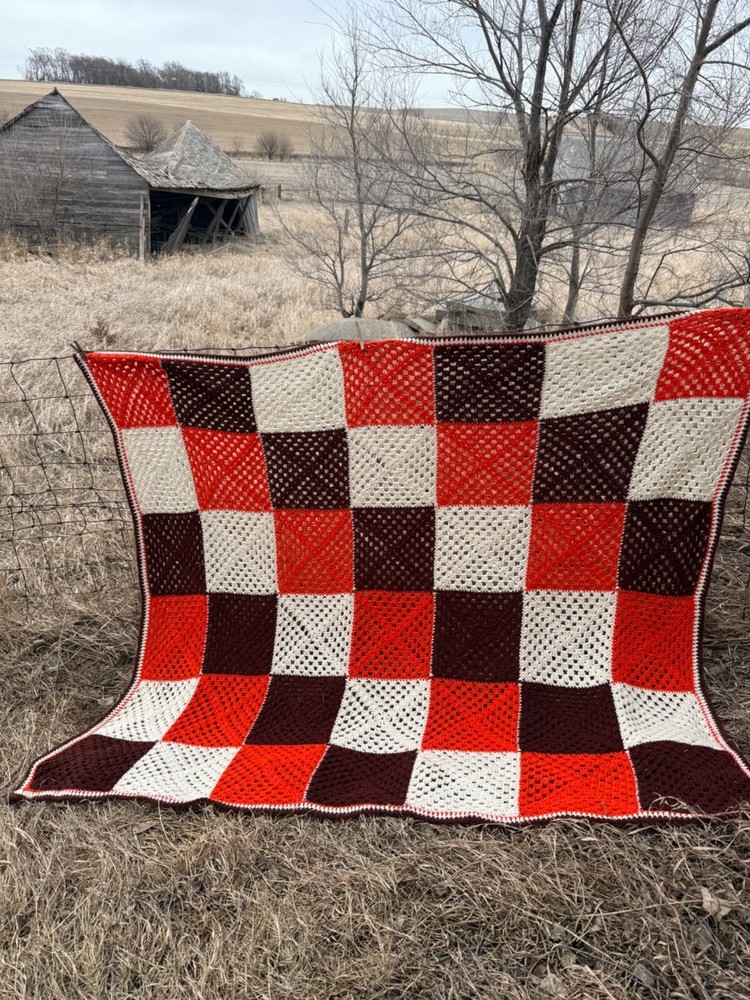 Vintage 1970s Crochet Patchwork Afghan Throw Boho Retro