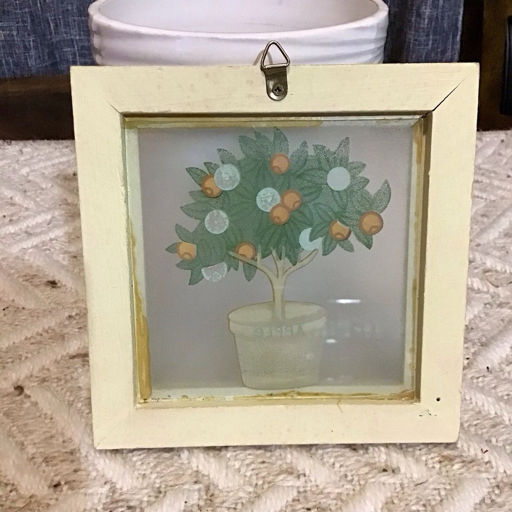 VTG 2 PC Folk Art Cherry & Apple Trees Plaques 6”x6”