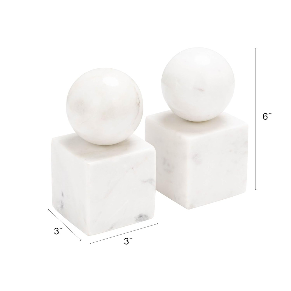 2-Piece Marble Geometric Bookends, White
