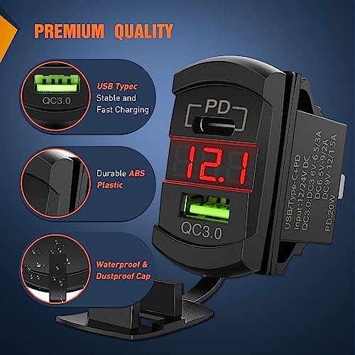 Rocker Switch Style USB Outlet LED Voltmeter Quick Type C + USB Voltmeter Red