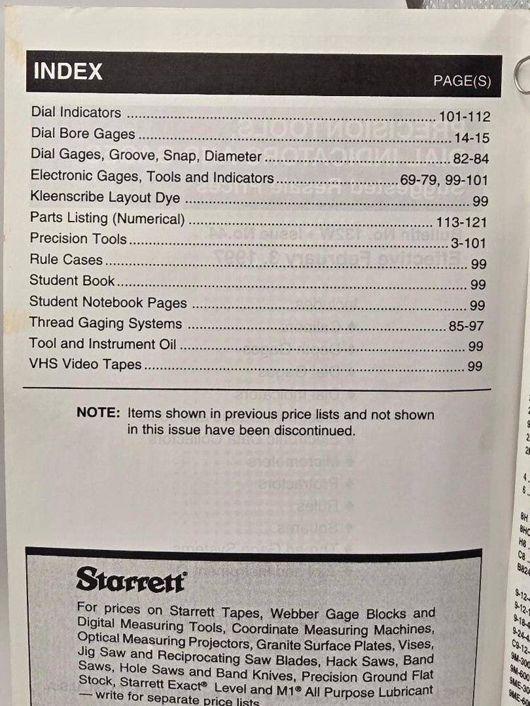 Starrett Precision Tools Price List 1997
