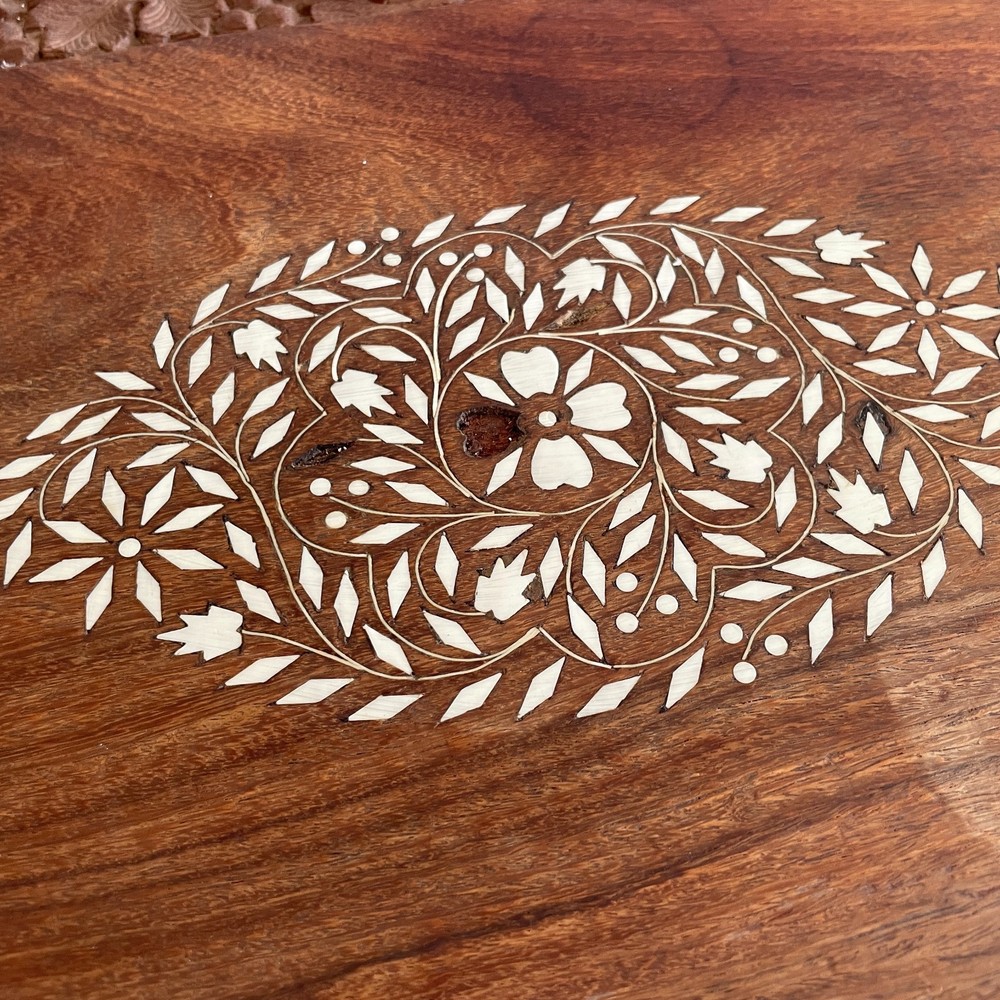 Indian Carved Folding Table Rectangular Coffee Table Inlaid Floral Pattern
