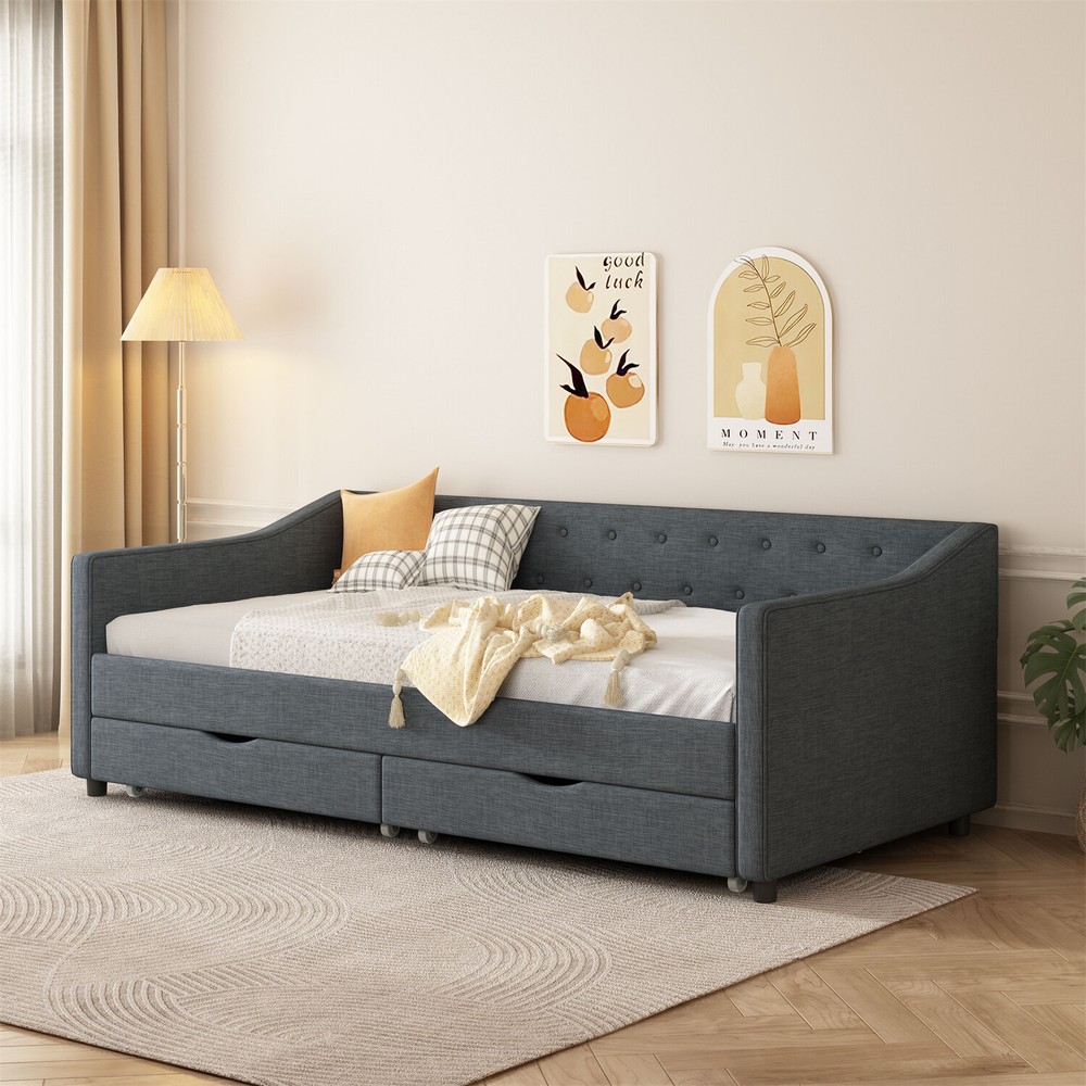 Twin Size Daybed Upholstered Bed Frame Sofa Bed w/ 2 Storage Drawer US