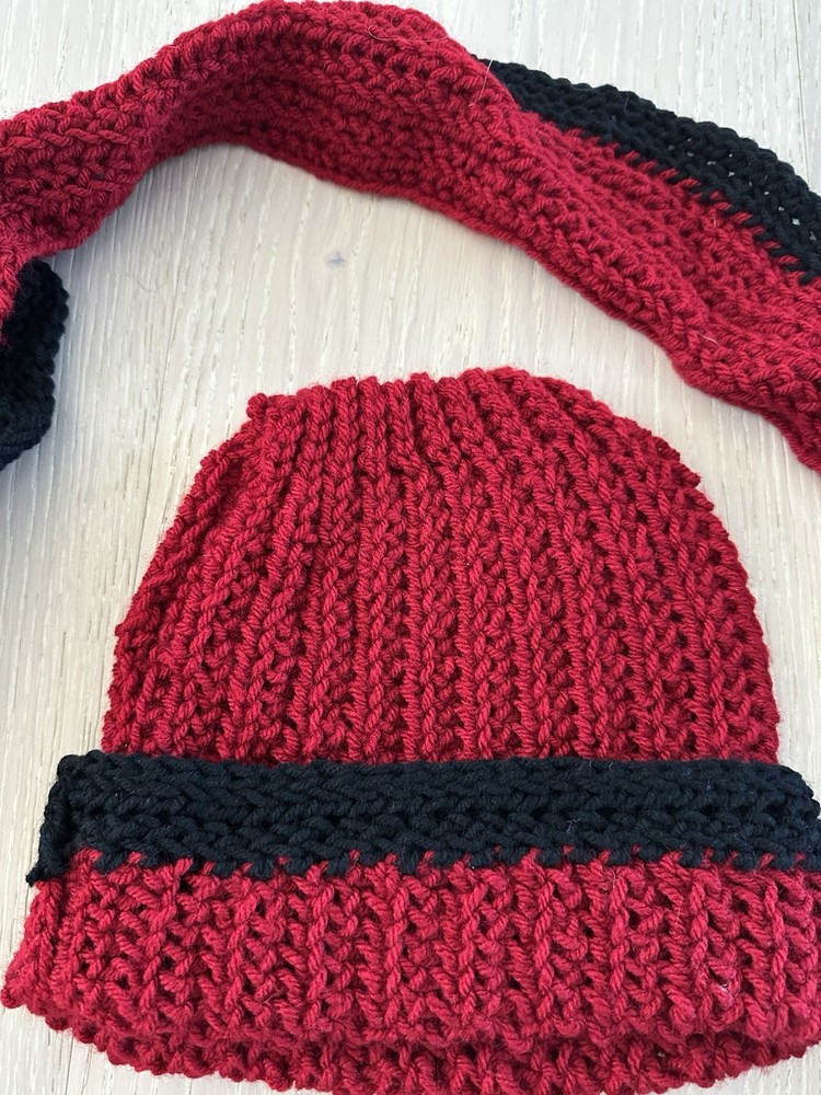 Hand Knitted Red, Black Hat & Scarf