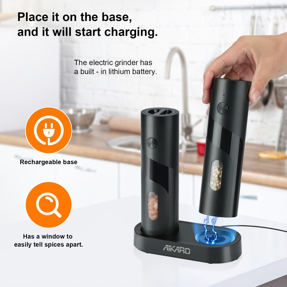 - Salt and Pepper Mill Automatic Spice Grinder, Rechargeable (Set)