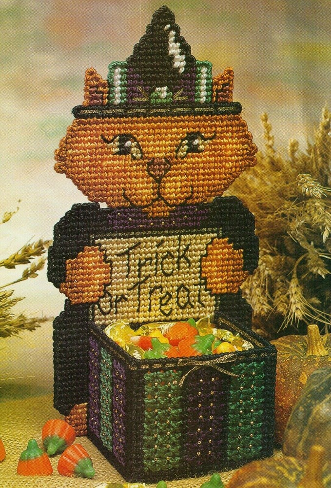 KITTY SNACK HOLDER CAT CANDY BOX HALLOWEEN PLASTIC CANVAS PATTERN INSTRUCTIONS