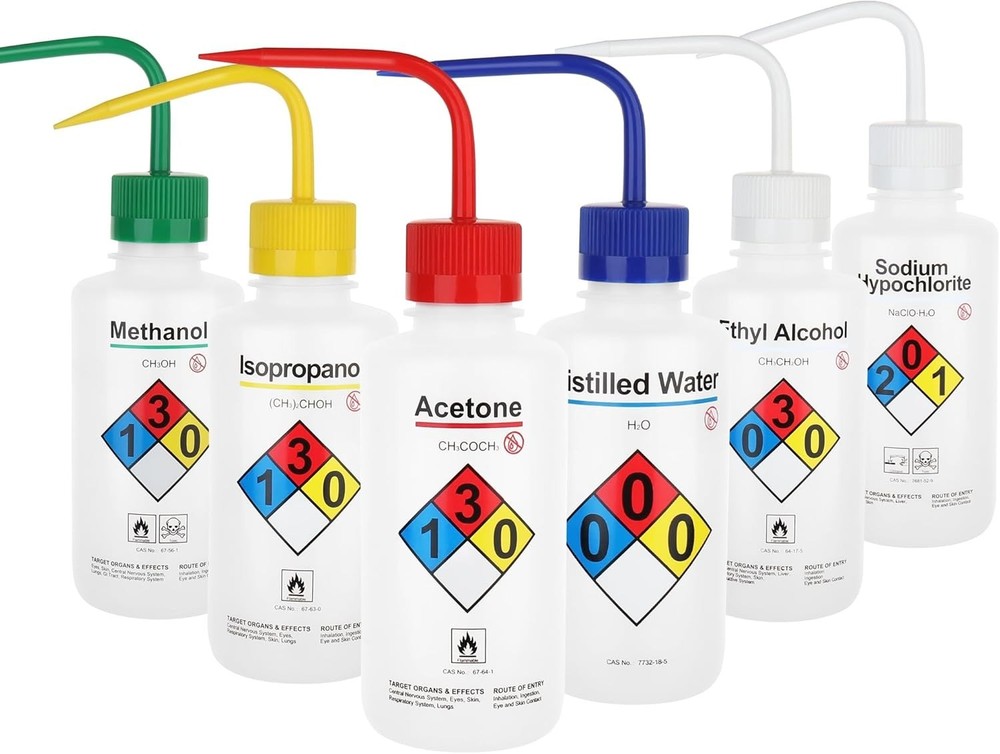 Lab Rinse Squeeze Bottles, Printed Labels, 6PCS