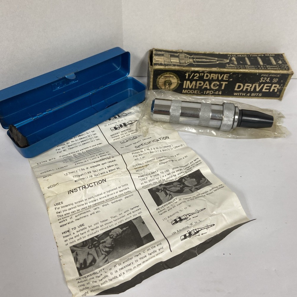 Vintage Omaha Industrial Tool Impact Driver, Case And Box. includes 3 bits