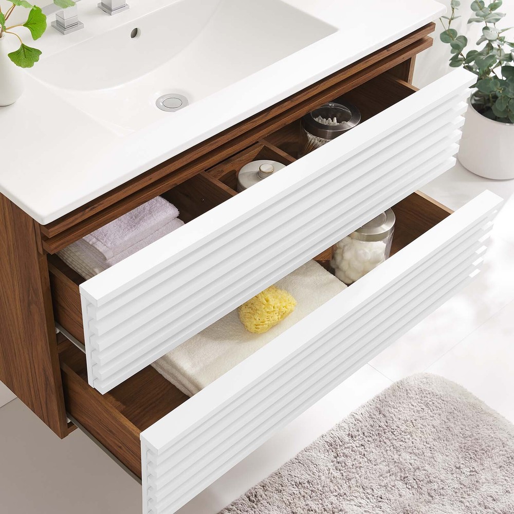 Modway Render 36" Wall-Mount Bathroom Vanity in White Walnut White