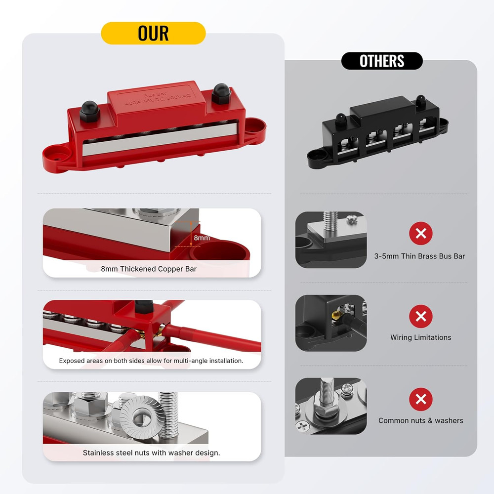 400A 12V Bus Bar Power Block – 6-Terminal Studs for Marine, Auto & Solar