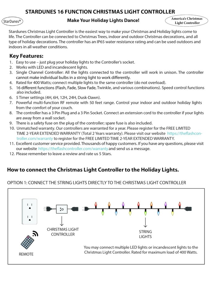 Christmas Light Controller - 16 Dazzling Flash/Fade Functions, 5 Timer Functi...