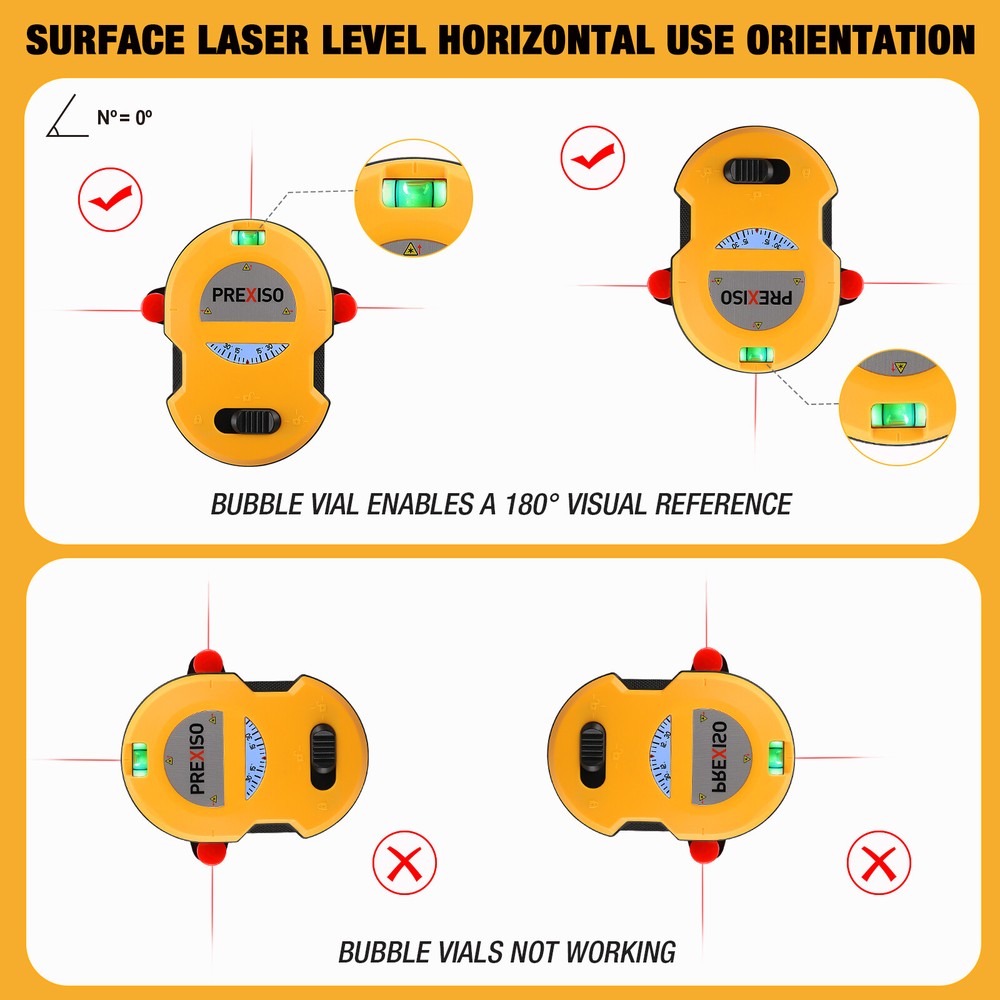 PREXISO Multi Surface Laser Level LED Light Vial One-switch Operation Angle Dial