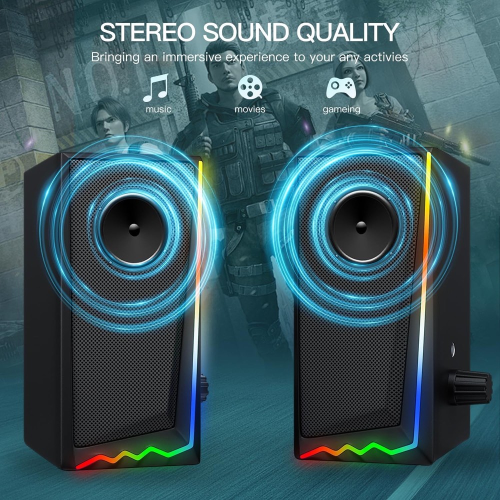 Computer Speakers LED Gaming Desktop Speakers Volume Control 3.5mm AUX PC