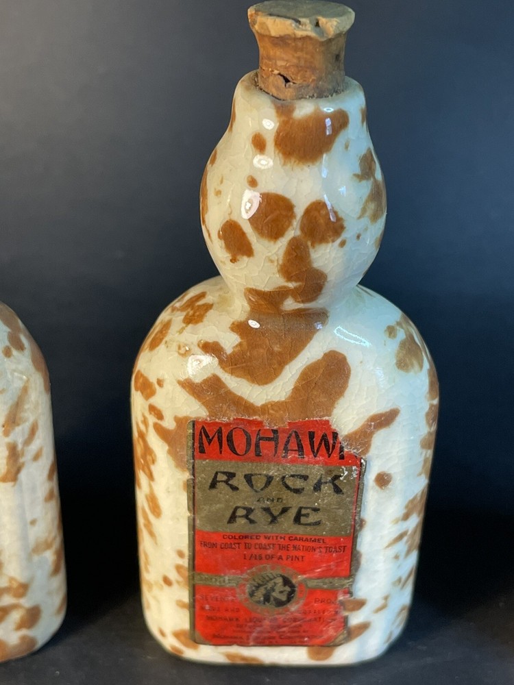 Mohawk Rock & Rye Stoneware Bottles, orig label On One -empty - Crazing