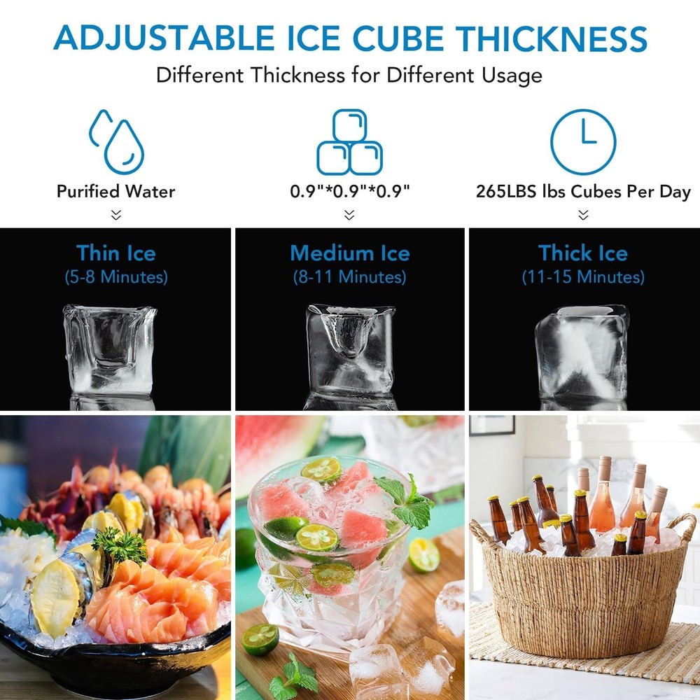 Commercial Ice Maker, 265lbs/24 Hours, Ice Maker Machine with 55lbs Storage Bin