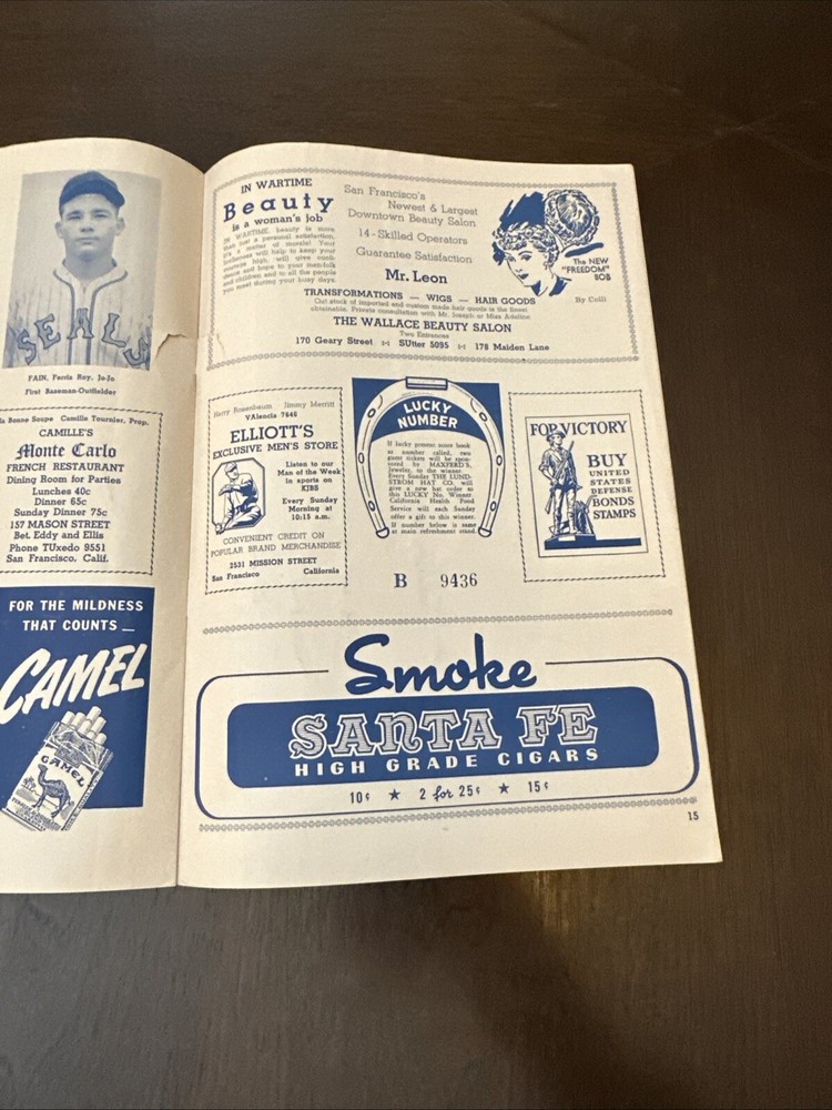 1942 Program Sam Francisco Seals vs Hollywood Stars Scored