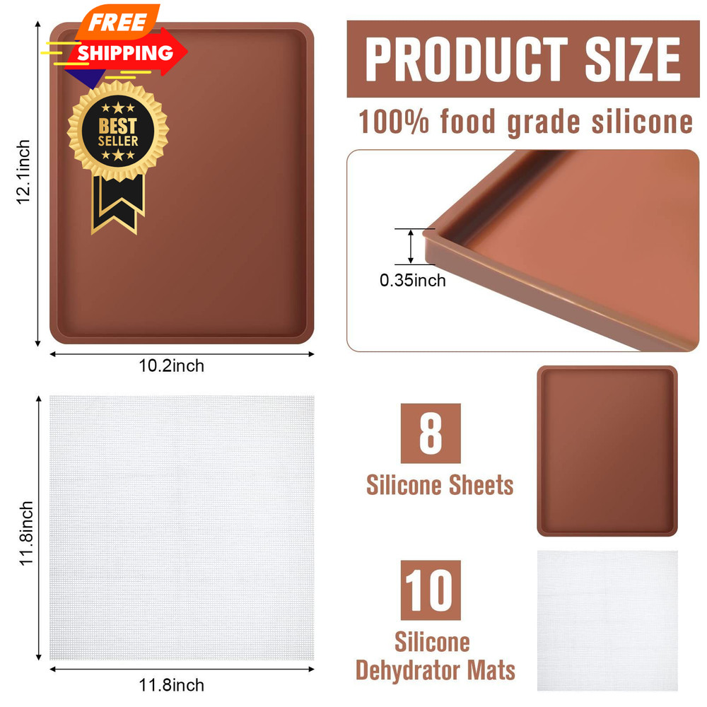 8 Pcs Silicone Dehydrator Mats 10 Mesh Screen Sheets Brown