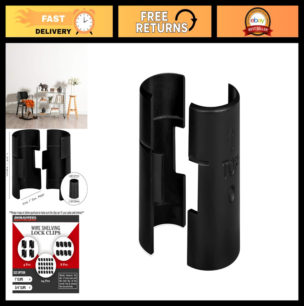 Wire Shelving Lock Clips & Sleeves - Fits 1" Posts, Black Plastic, 24 Pack